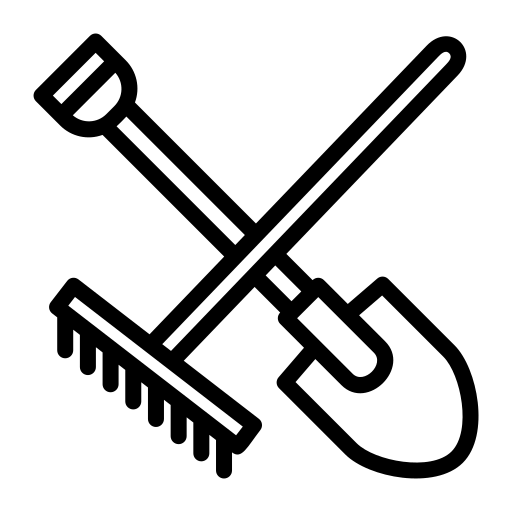 Gardening tools icon featuring a rake and shovel crossed. Represents landscaping or outdoor work, relevant for gardening or DIY content.