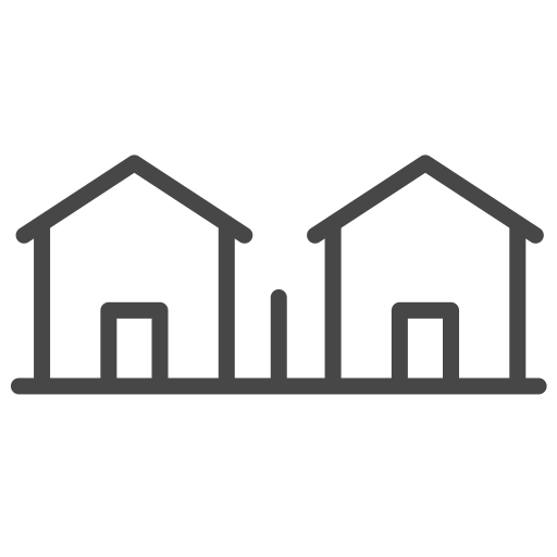 Two simple house icons side by side, representing residential properties or neighborhood concepts. Ideal for discussions about housing or community.
