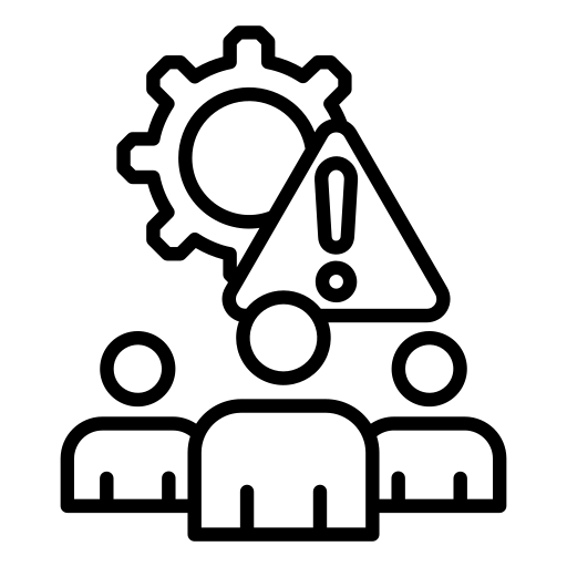 Three figures surround a gear and warning symbol, representing teamwork and problem-solving in an industrial or business context.
