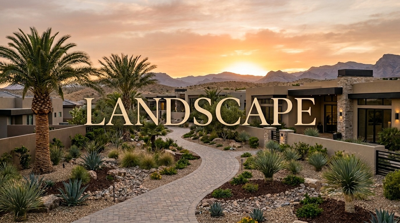 Desert landscape showcasing a winding path through lush greenery and palm trees, framed by mountains and a vibrant sunset.
