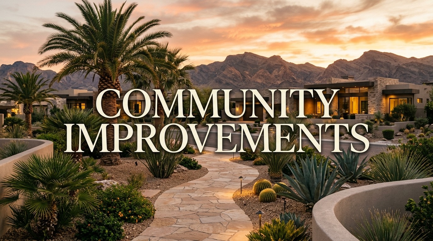 Desert landscape featuring a winding pathway lined with greenery, leading to modern homes against a sunset backdrop, highlighting community improvements.